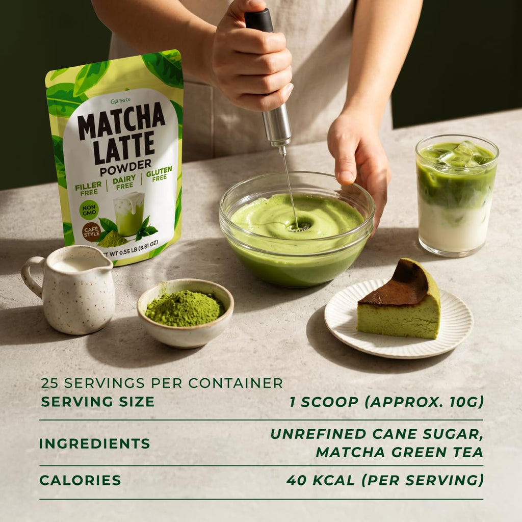 Gya Tea Co Café-Style Matcha Latte Powder 0.55 lb 8.81 oz, 25 Servings - Naturally Sweetened Green Tea Powder Blend for Lattes, Smoothies & Baking - Non-GMO, Filler, Additive