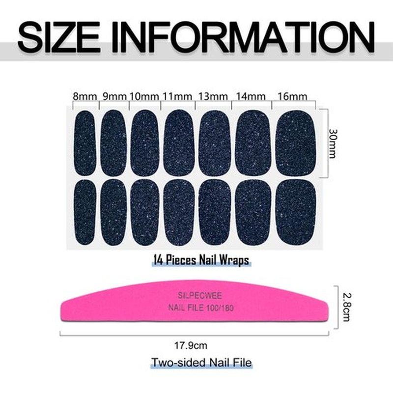 SILPECWEE 16 Sheets Blue Nail Wraps for Women Glitter Solid Color Nail Polish Stickers Stick on Nail Polish Strips Gel Nail Strips Self Adhesive Fingernail Manicure Design with Nail File