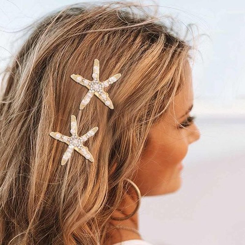 CAKURE Starfish Hair Clips Gold Metal Sea Star Hair Barrettes Cute Pearl Side Hair Pins Beach Hair Accessories for Women and Girls (Pack of 2) (a-gold)