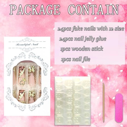 FIEONCIY Press on Nails Long Coffin Shaped Acrylic Glossy Full Cover Long Square French False Nails with Designs Artificial Extra Long Fake Nails with Charms Glue ons Fingernails for Women(XG10114)