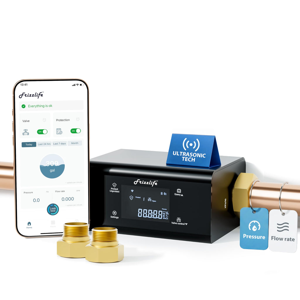 Frizzlife LP365-P Smart Water Monitor and Automatic Shutoff - 0.01 GPM Ultrasonic Micro Leak Detection, Wi-Fi / APP Control, Pressure+Flow Monitoring, 24/7 Water Usage Reports, Fits 3/4" and 1"