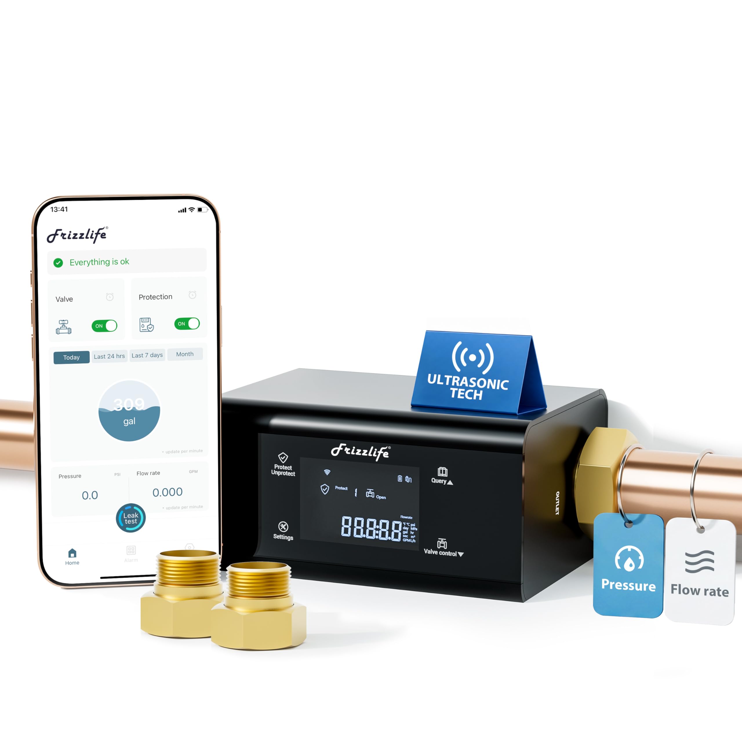 Frizzlife LP365-P Smart Water Monitor and Automatic Shutoff - 0.01 GPM Ultrasonic Micro Leak Detection, Wi-Fi / APP Control, Pressure+Flow Monitoring, 24/7 Water Usage Reports, Fits 3/4" and 1"