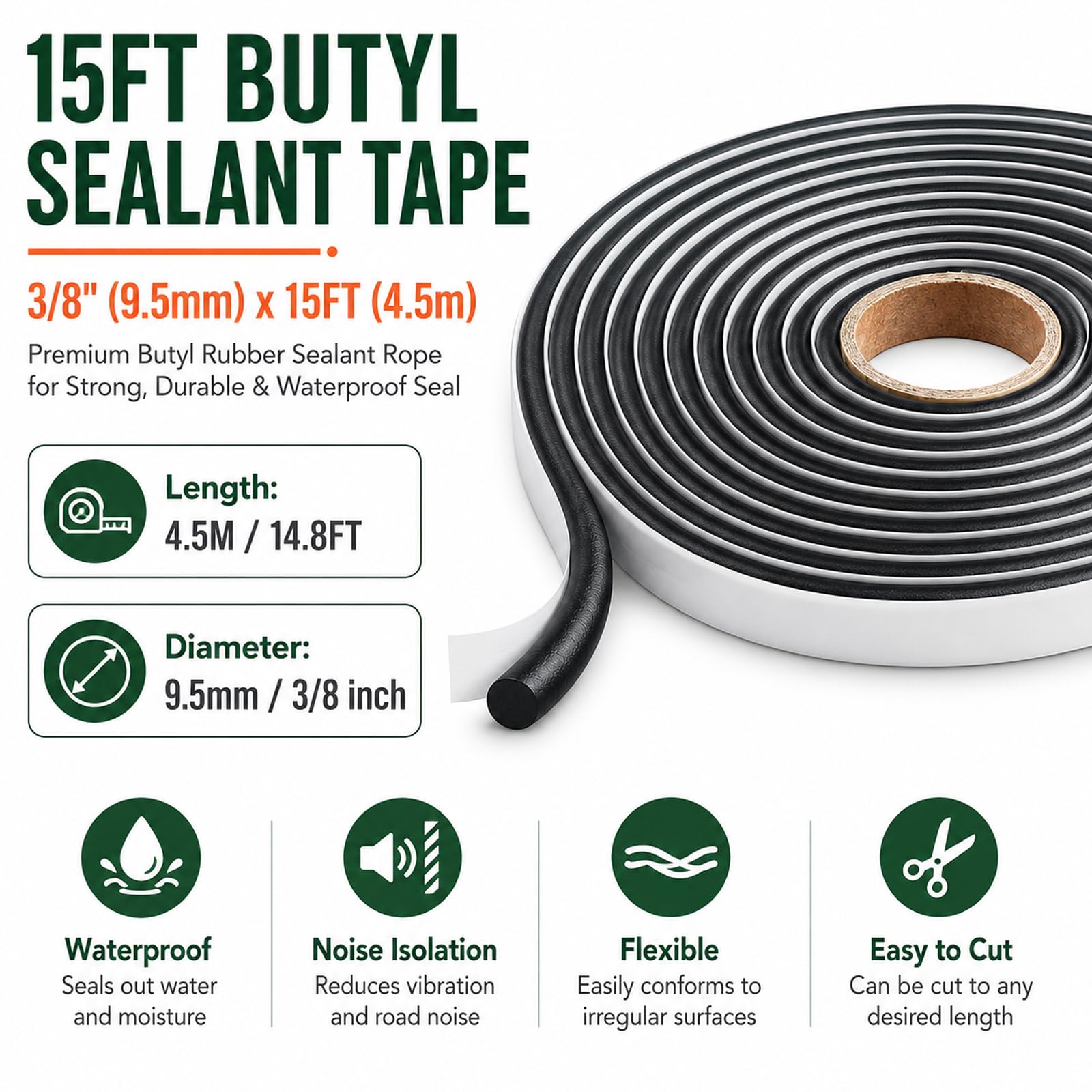Poweka Butyl Rope Sealant Butyl Waterproof Adhesive Sealant for Car Headlamps Window Door Windshield,Butyl Seal Tape - 3/8" X 15'
