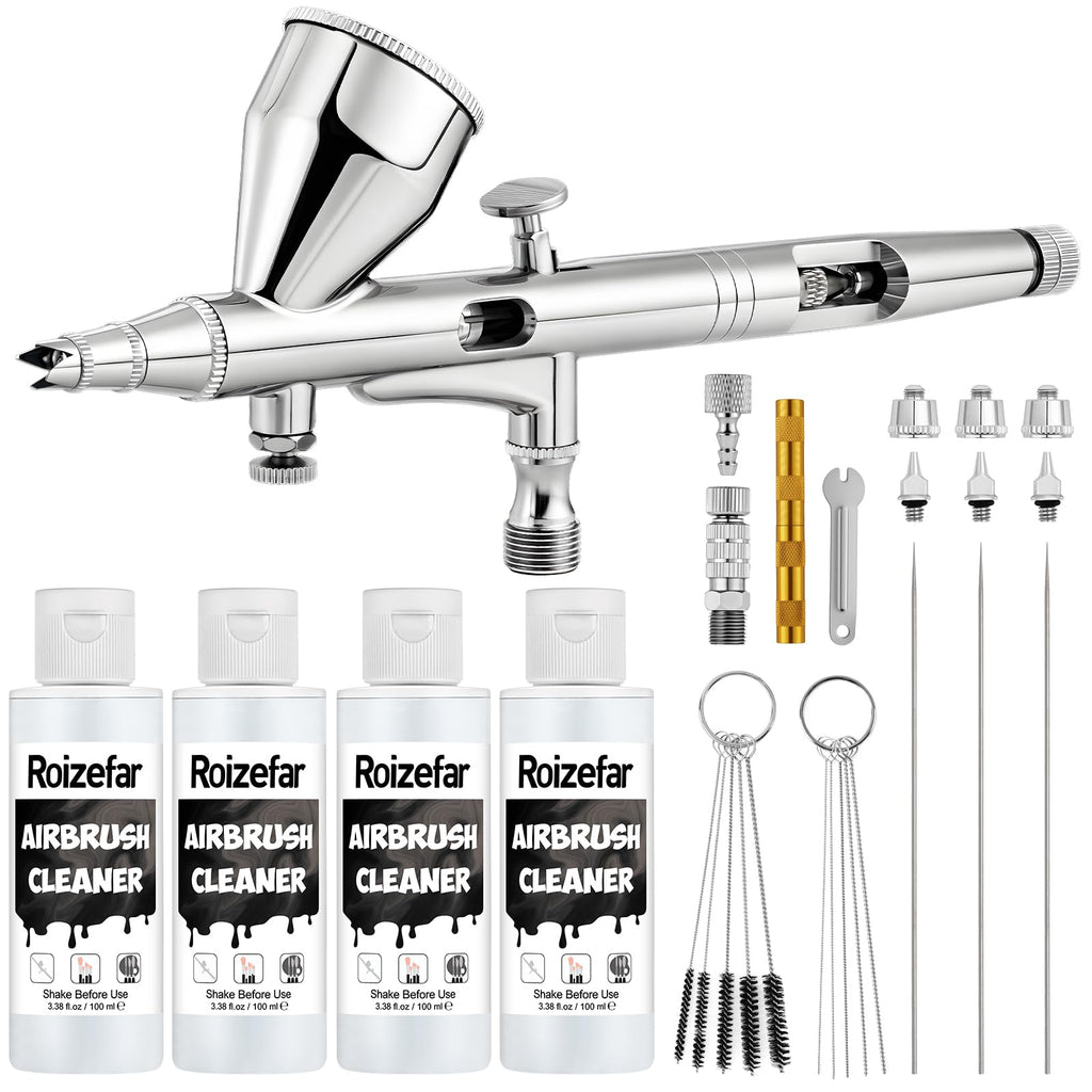 Roizefar Dual-Action Gravity Airbrush Gun with 4 Cleaner for Model Painting