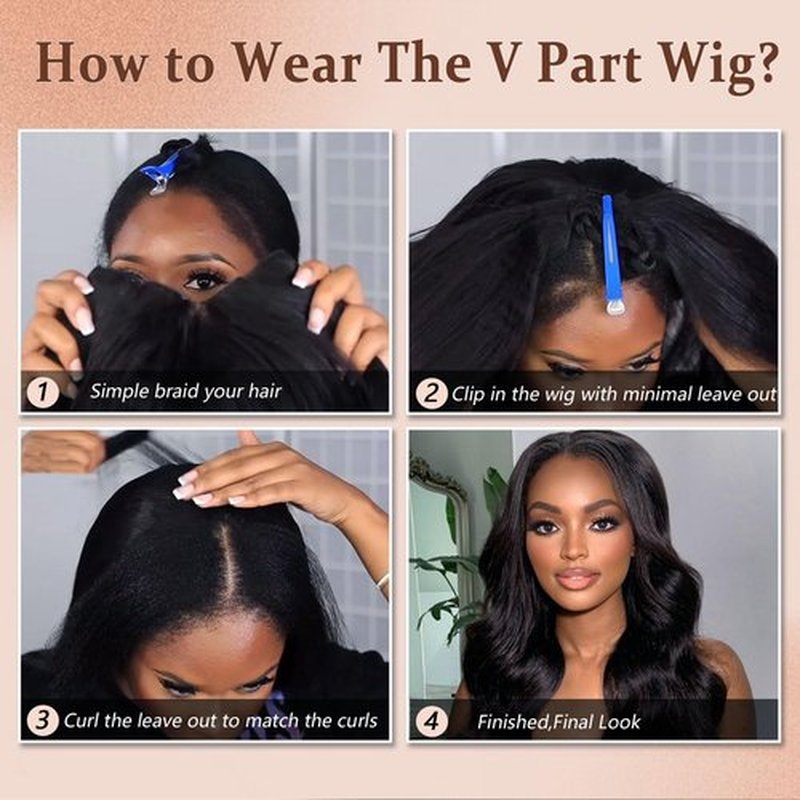 jcoolo V Part Wig Human Hair Body Wave Upgrade U Part Human Hair Wig With Adjustable Drawstring 200% Density V Shape Clip In Half Wig For Women 18 Inch