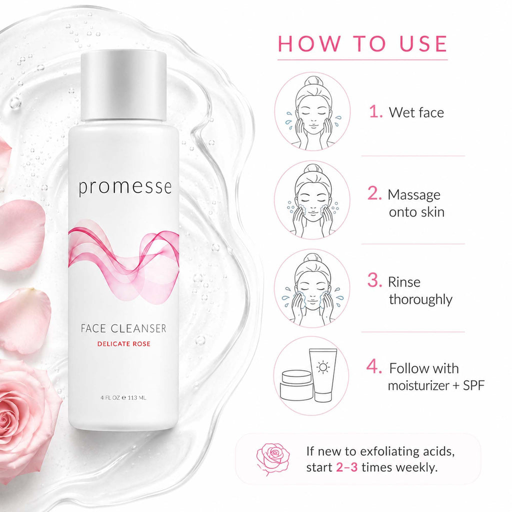promesse Acne Control Facial Cleanser with Glycolic & Salicylic Acid, Gentle AHA/BHA Exfoliating Cleanser for Acne-Prone & Oily Skin, Rose Scented Hydrating Face Wash, 4 fl oz