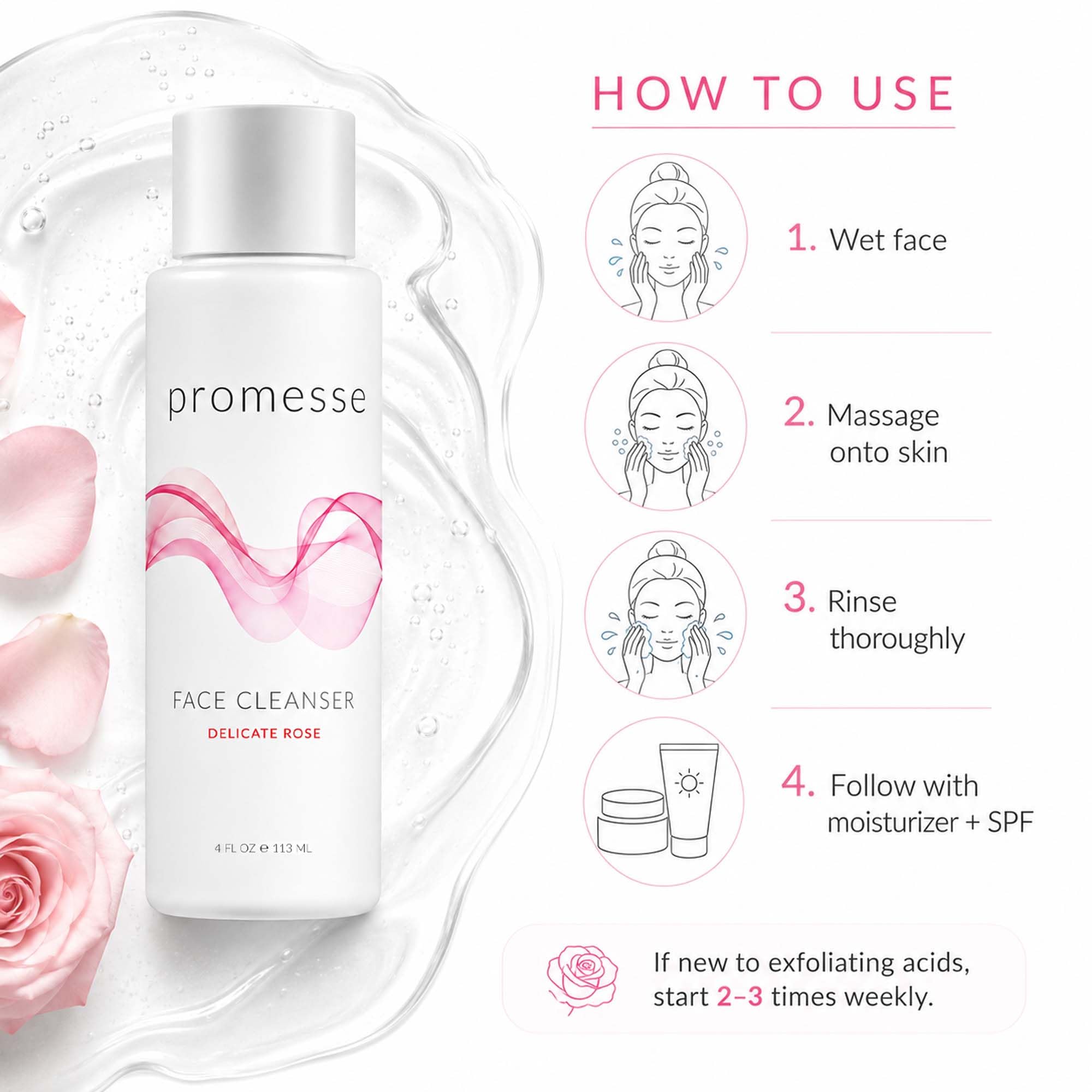 promesse Acne Control Facial Cleanser with Glycolic & Salicylic Acid, Gentle AHA/BHA Exfoliating Cleanser for Acne-Prone & Oily Skin, Rose Scented Hydrating Face Wash, 4 fl oz