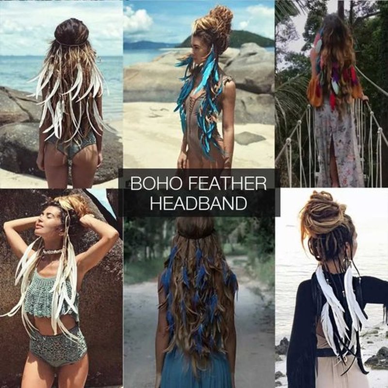 GORTIN Boho Feather Headband Hippie Headpiece Gypsy Indian Costume Headdress Hair Accessory for Women (A-Blue, One size)