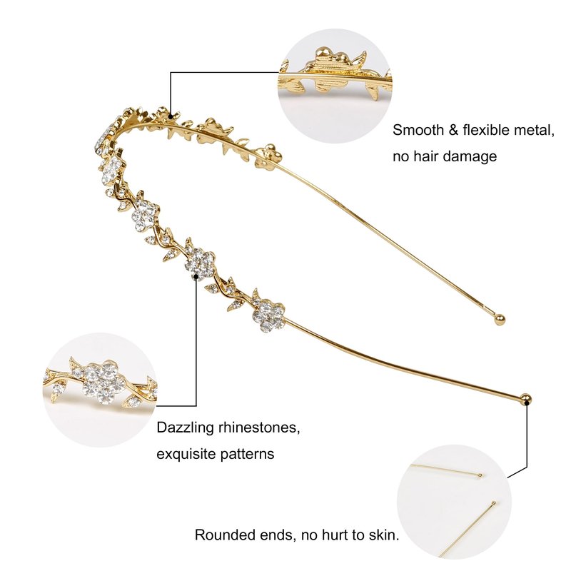 WOVOWOVO 4 Pcs Rhinestone Headbands for Women Gold Bridal Headband Crystal Flower Girl Headpiece Flower Leaf Tiara Crown Head Band Wedding Hair Accessories for Girls
