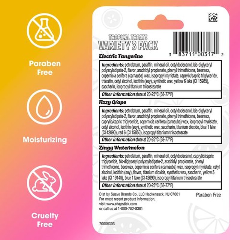 ChapStick Lip Care, Tropical Treats Collection (36 Sticks) – Electric Tangerine, Fizzy Grape & Zingy Watermelon, Bulk Lip Balm, 0.15 Oz Ea