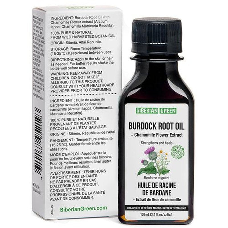 Siberian Green Burdock Oil with Chamomile Extract – 100ml Burdock Root Oil for Hair Growth, Hair Thinning and Loss – Pure and Natural Siberian Herbs – Strengthening and Healing Hair Care