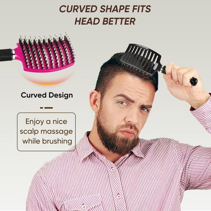 Kertiberif Boar Bristle Hair Brush 2PCS, Curved Vented Detangling Brush for Wet and Dry Hair, Styling Paddle Hairbrush for Women Men Kids Curly Straight Thick Long or Short Hair