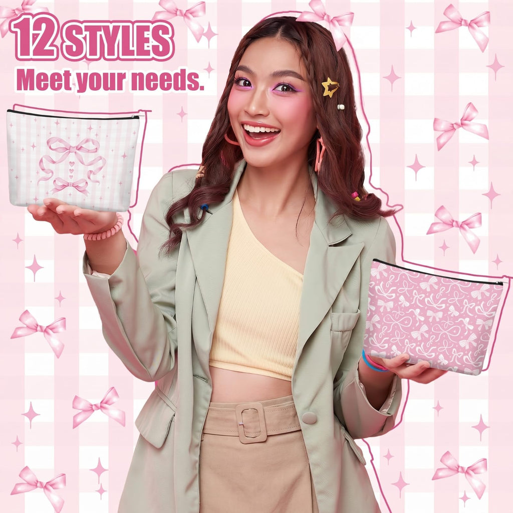 Reginary 12 Pcs Pink Bow Makeup Bags Coquette Bow Cosmetic Bags with Zippers Coquette Party Favors Pink Aesthetic Elegant Pouch Bulk Gifts for Women Mother's Day Birthday Supplies Travel Accessory