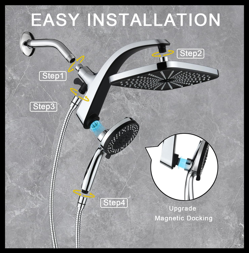 BOZYBO Rain Shower Head with Handheld: High Pressure Shower Heads with Handheld Spray Combo, 12" Rainfall Shower Head and 9 Sprays Hand Showerheads with Magnetic Docking and Power Jets, Chrome 1.8GPM