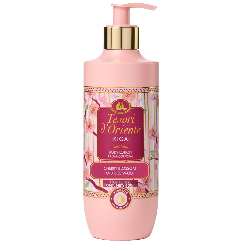 Tesori d’Oriente Ikigai Body Lotion, 13.5 fl oz, Daily Full Body Moisturizer with Rice Water and Vitamin B & E, Non-Greasy & Fast-Absorbing, Cherry Blossom Scented, All Skin Types