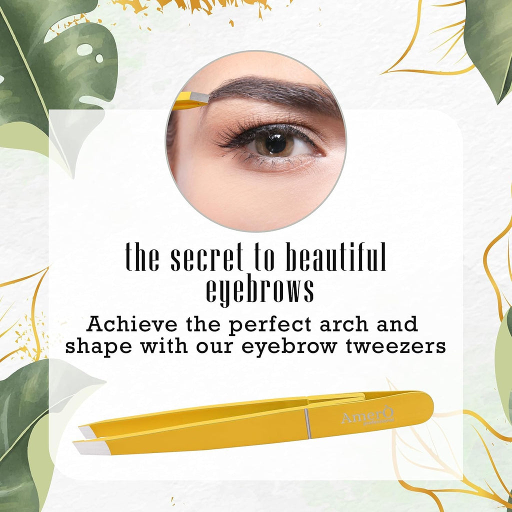 Professional Stainless Steel Eyebrow Tweezers for Women & Men – Precision Slant Tip Hair Removal Tool for Eyebrows, Facial Hair & Ingrown Hairs – Durable, Non-Slip Grip (Yellow)