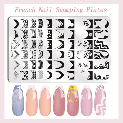 Biutee Nail Stamping Plates 2Pcs French Tip Stamp Plate 110 Patterns Nail Stamping Kit With Silicone Stamper Scraper Large Lace Line Flower Nail Art Stamping Template Valentine Holiday Gift for Women