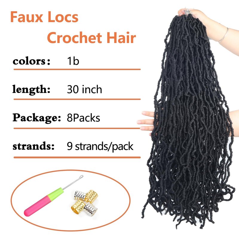 Vemet Soft Locs 30 Inch Synthetic 8 Packs Faux Locs Pre Looped Curly Wavy Crochet Hair For Black Women Hair Extensions 1B