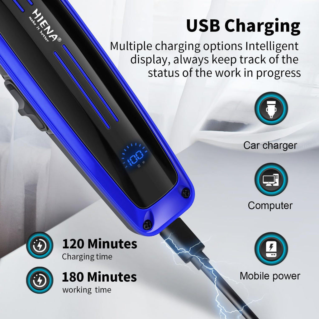 HIENA PRO Professional Electric Hair Trimmer for Men, Cordless Clipper Barber Haircut Tool with USB, Rechargeable T-Blade Precision Beard Trimmer, Perfect Gifts for Men(Blue)