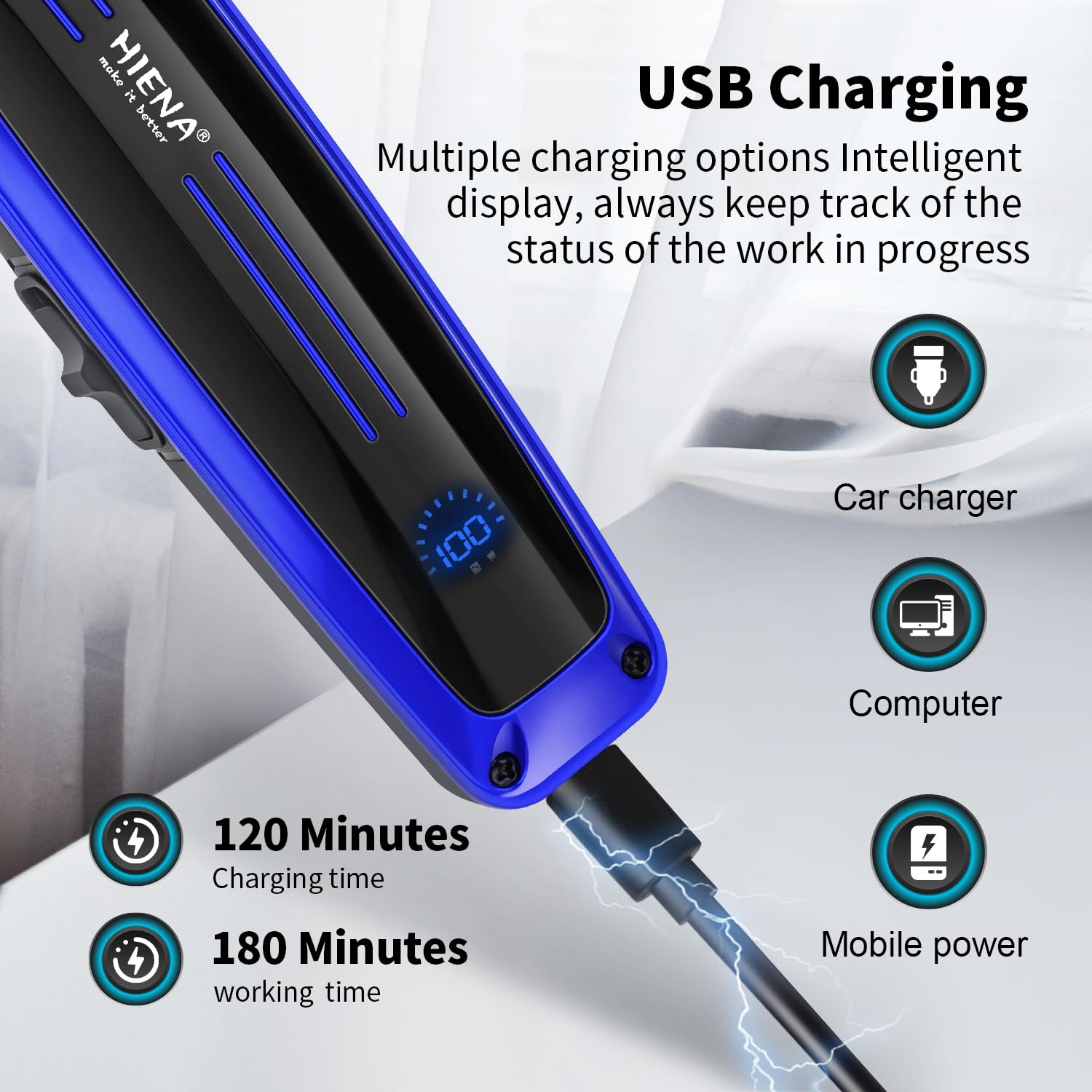 HIENA PRO Professional Electric Hair Trimmer for Men, Cordless Clipper Barber Haircut Tool with USB, Rechargeable T-Blade Precision Beard Trimmer, Perfect Gifts for Men(Blue)
