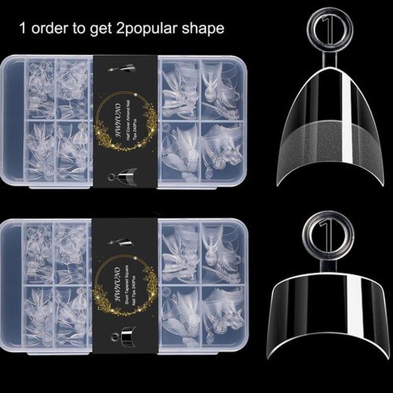 HWHUNO 480Pcs Extra Short Half Cover Almond &Tapered Square Nail Tips Gel x Clear Set,2 Shape Pre Shape XXS for Manicure Art Home DIY Salon 12Sizes