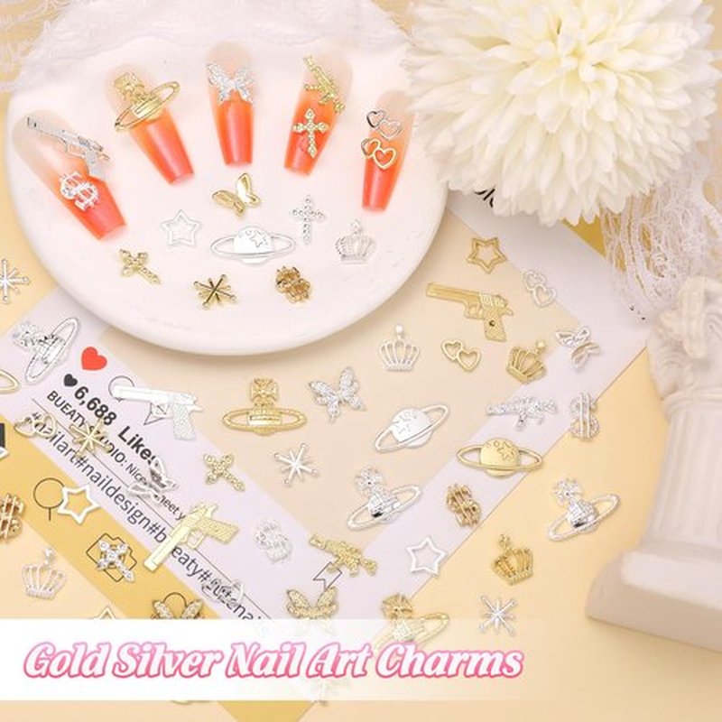120 Pcs Silver Gold Nail Charms, Gun Cross Star Heart Planet Nails Charms and Gems, Metal Dollar Star Butterfly Y2K Nail Charm for Nails Art Design DIY Accessories