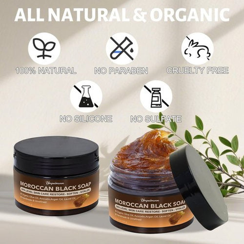 2 PCS Unrefined Moroccan Black Soap Handcrafted, Argan Oil Authetic Black Beldi Soap SPA Level Highly Moisturize, Purify and Soften Skin, with Laurel Oil for Face and Body, No Fragrance, 5.29 oz/150 g