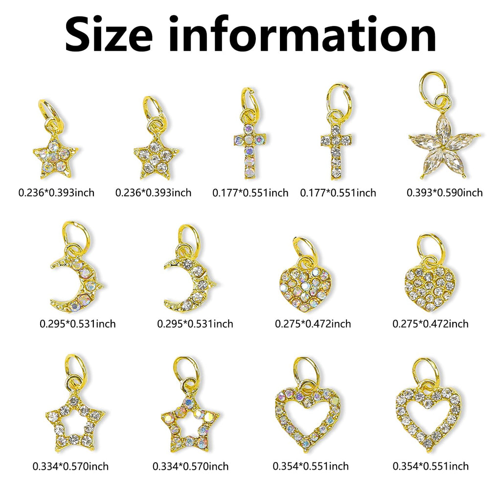 Wokoto 26pcs Mix Design Dangle Nail Charms - 3D Jewelry Flat Back Heart Star Cross Moon Nail Art Charms Rhinestones