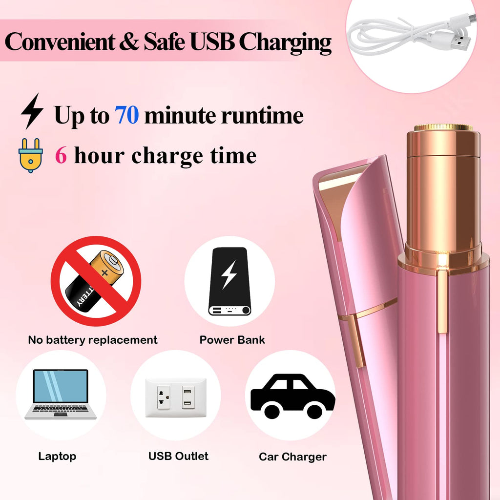 Facial Hair Removal for Women - USB Rechargeable Painless Hair Remover With LED Light for Face, Peach Fuzz, Upper Lip, Chin, Body (Rose Gold)