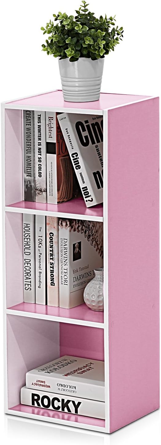 Furinno LUDER 3-Cube Bookshelf - Stylish Open Shelves for Easy Assembly | White/Pink, 9.3 x 12 x 31.5