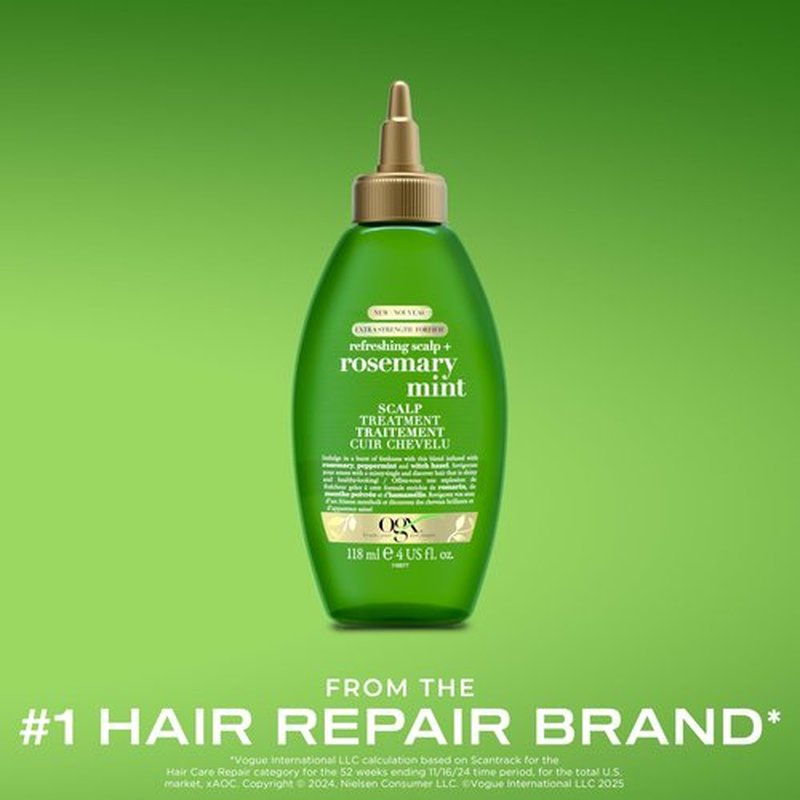 OGX Extra Strength Refreshing Scalp + Rosemary Oil Mint Dry Scalp Treatment, Peppermint & Witch Hazel Scalp Detox, Clarifying Leave-In to Help Remove Buildup and Refresh, Shiny Hair Finish, 4 fl oz