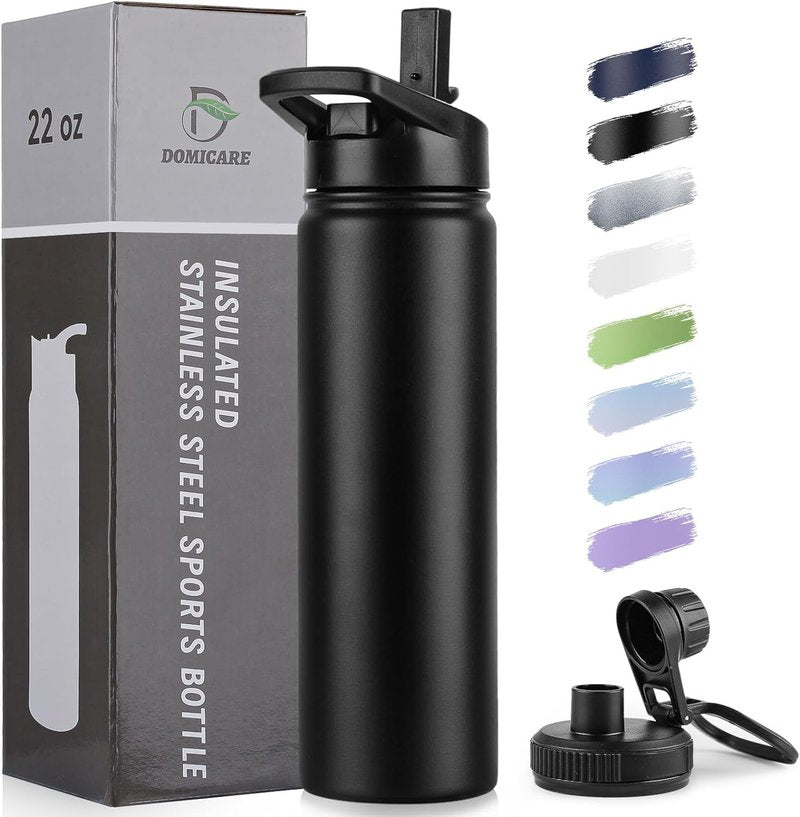Domicare Insulated Water Bottle - 22 Oz Vacuum-Sealed Stainless Steel | Leakproof, Black, Reusable with Straw & Spout Lids