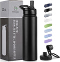 Domicare Insulated Water Bottle - 22 Oz Vacuum-Sealed Stainless Steel | Leakproof, Black, Reusable with Straw & Spout Lids