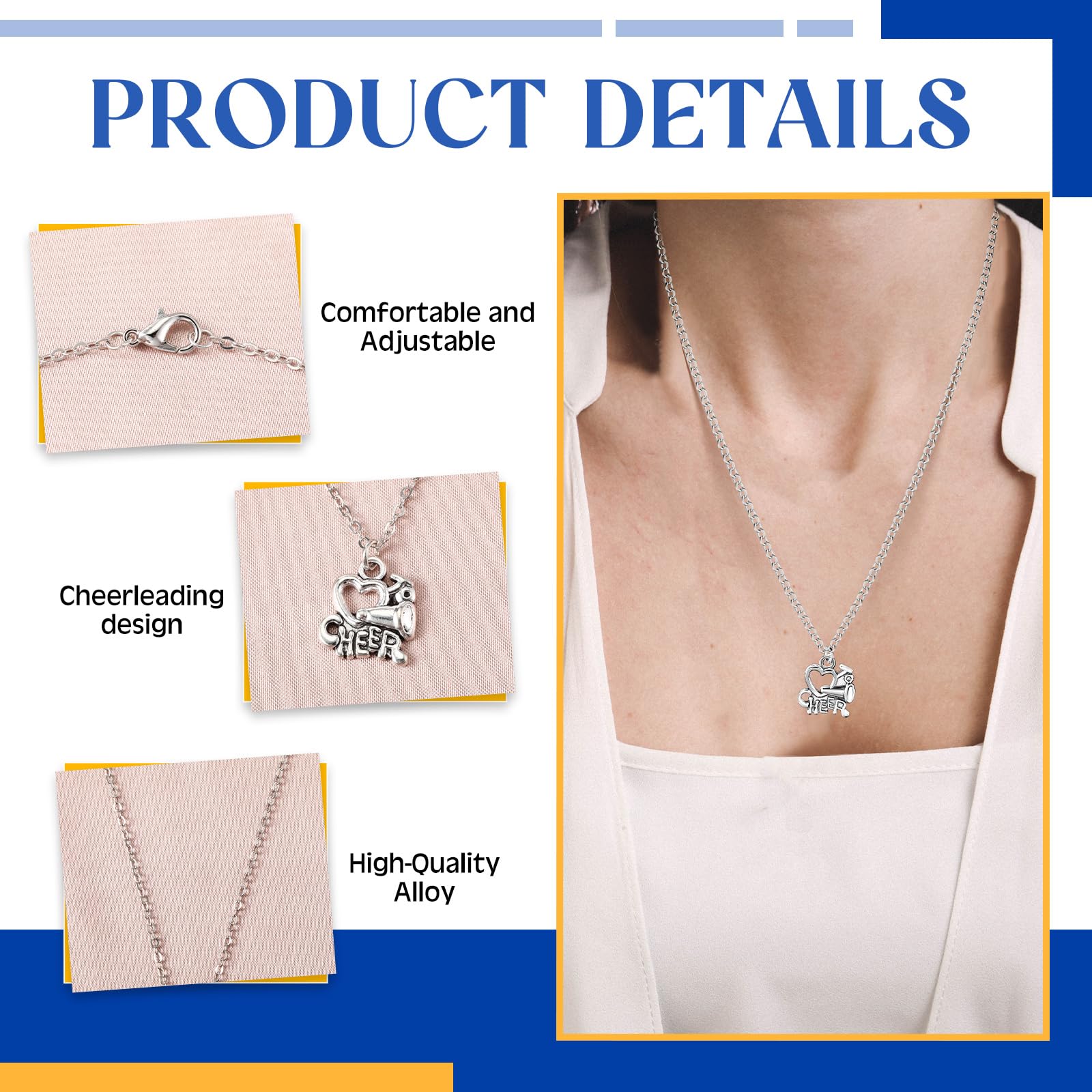 Equsion 12 Set Cheerleader Gifts Bulk Include Cheer Necklace, Cheerleading Adjustable Bracelet, Hair Ties and Organza Bag 12 each, Cheer Accessories for Team Women Teammates(Blue)