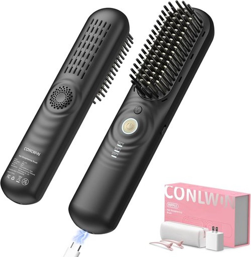 Skiennix Cordless Hair Straightener Brush - Portable Mini Travel Design for Thick Curly Hair | Cool Air & 350M Negative Ions for Frizz-Free Styling