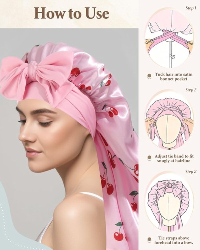 AWAYTR Long Satin Bonnet for Sleeping, Reversible Double Layer Hair Bonnet with Elastic Tie Band (Cherry Print+Pink)