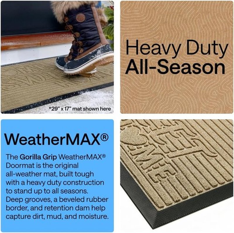 GORILLA GRIP Waterproof All-Season WeatherMAX Doormat - Stain & Fade Resistant, Easy Clean, 29x17
