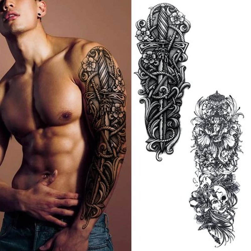 PADOUN Black Totem Flower Skull Temporary Tattoos - 8-Sheet Realistic Sleeve Tattoos for Men and Women, Large Arm Fake Tattoo
