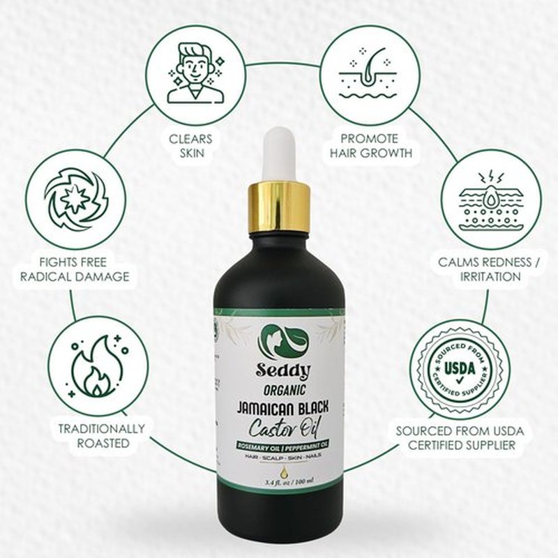 Seddy Organic Jamaican Black Castor Oil - Cold-Pressed Hair Growth Treatment with Rosemary & Peppermint - 3.4 fl oz