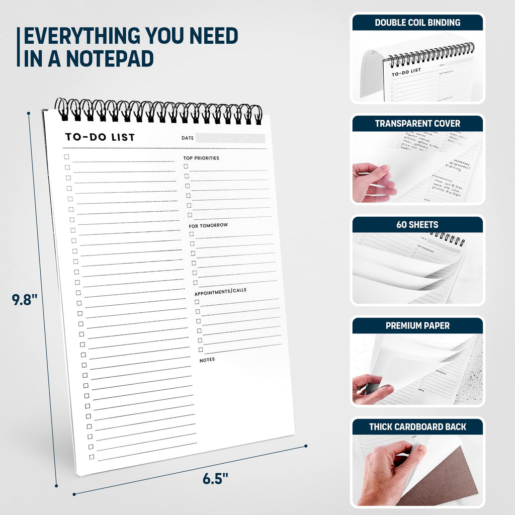 To Do List Notepad: With Multiple Functional Sections - 6.5 x 9.8" 60 Sheets - Spiral Daily Planner Notebook - Task CheckList Organizer Agenda Pad for Work - Note & Todo List Organization Notebooks