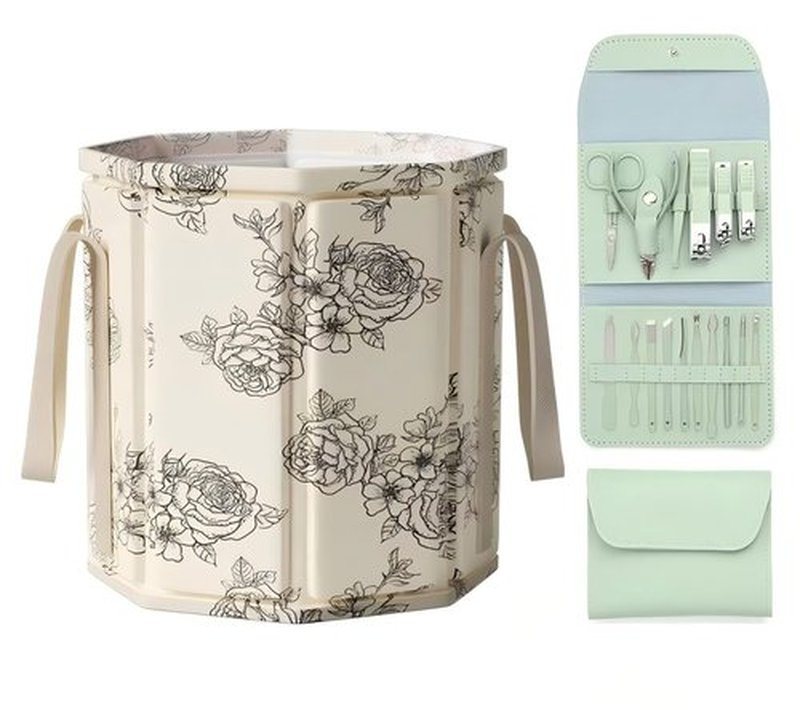 EWCEFIC 31L Folding Bucket Foot Bath, Multi-Function Portable Foot Tub Bag with Handle, Travel Outdoor Camping Portable Foot Bubbles Fishing Bring a Set of high-end Nail Clippers.(Rose)