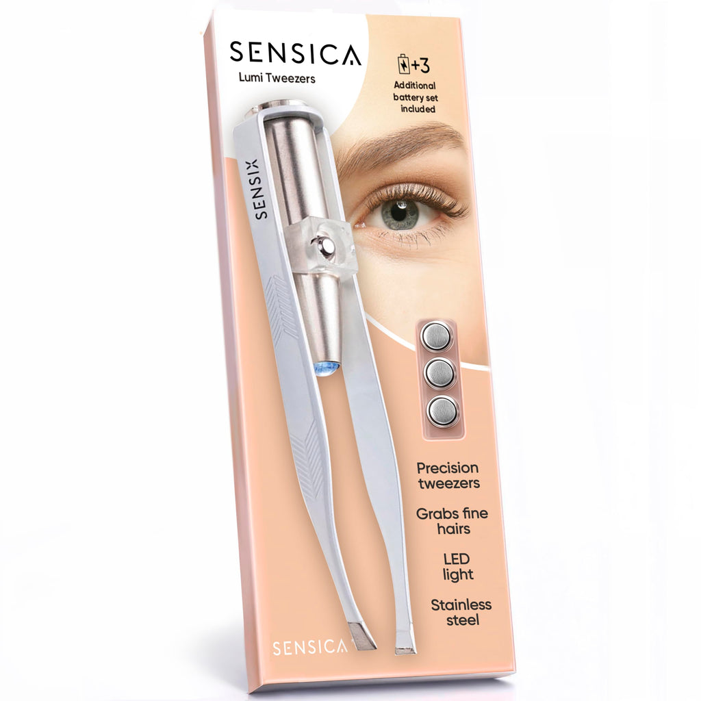 Sensica Eyebrow Tweezers with Light – LED Lighted Tweezers for Women Facial Hair – Precision Eyebrow Plucking Slant Tip Stainless Steel Tweezer with Long Arms & 3 Extra Batteries