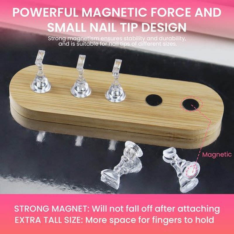 ESUOHYM Wooden Stand for Nails Art Display Practice 2 Set, 1 Heart Shaped Acrylic Magnetic Nail Stand, Fake Nail Holder with 200 Pieces Double-sided Tape, For Home DIY Salon Supplies (Wood, Large)