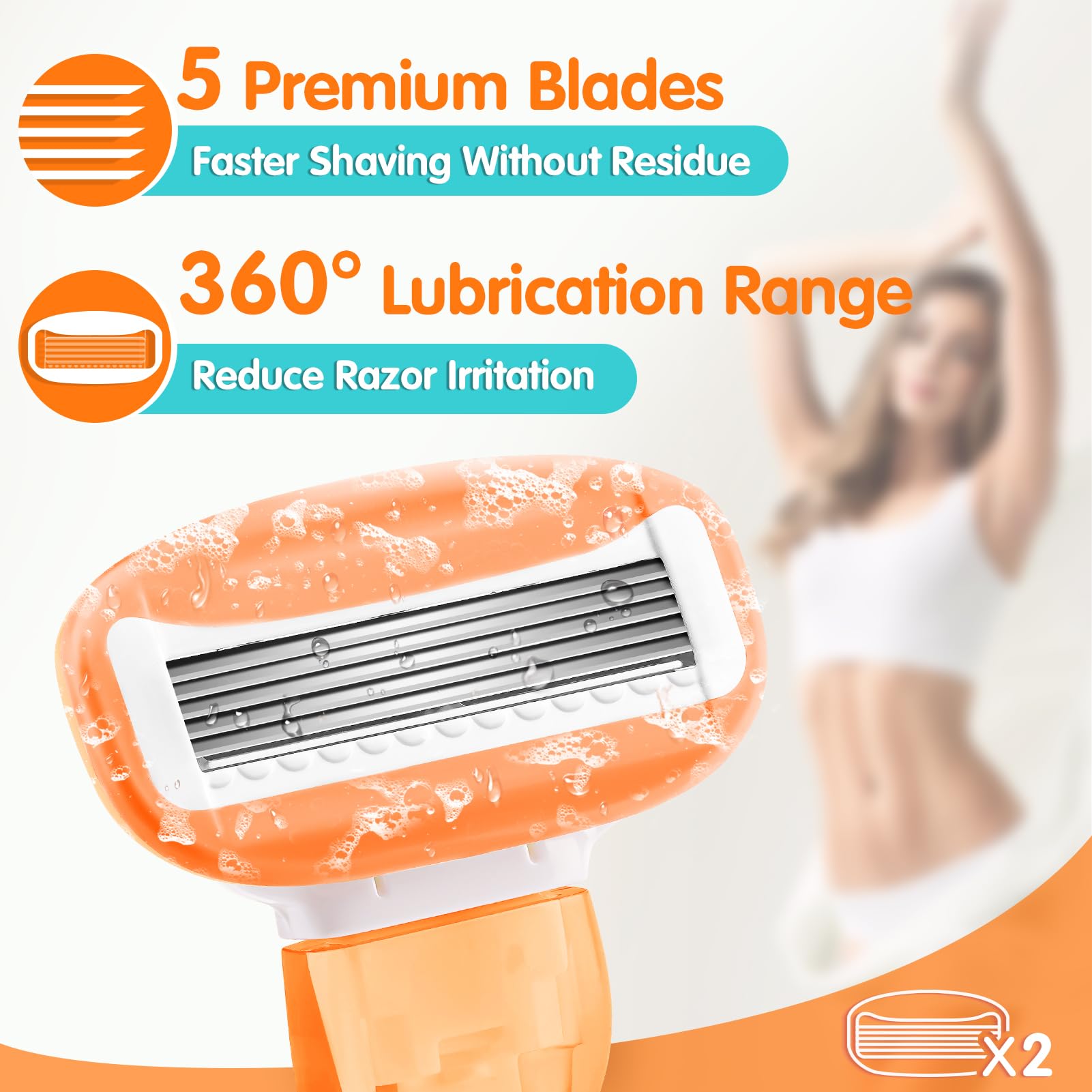 DreamGenius Travel Razors for Women Include 1 Handle 2 Cartridges, Orange
