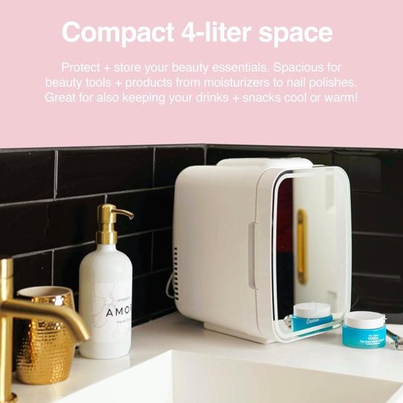 Cooluli Glow Mini Skincare Fridge - 4L with Mirror & LED Light for Beauty, Makeup, and Food - White