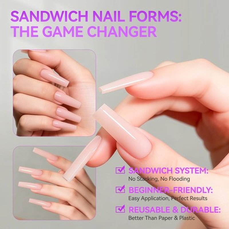 Gelike EC Sandwich Nail Forms for Builder Gel: 2026 New Dual Nail Form No Gel Stacking Warping or Bubbles for Home Extensions Art - 240Pcs 15 Sizes Top & Bottom Molds - Long Coffin
