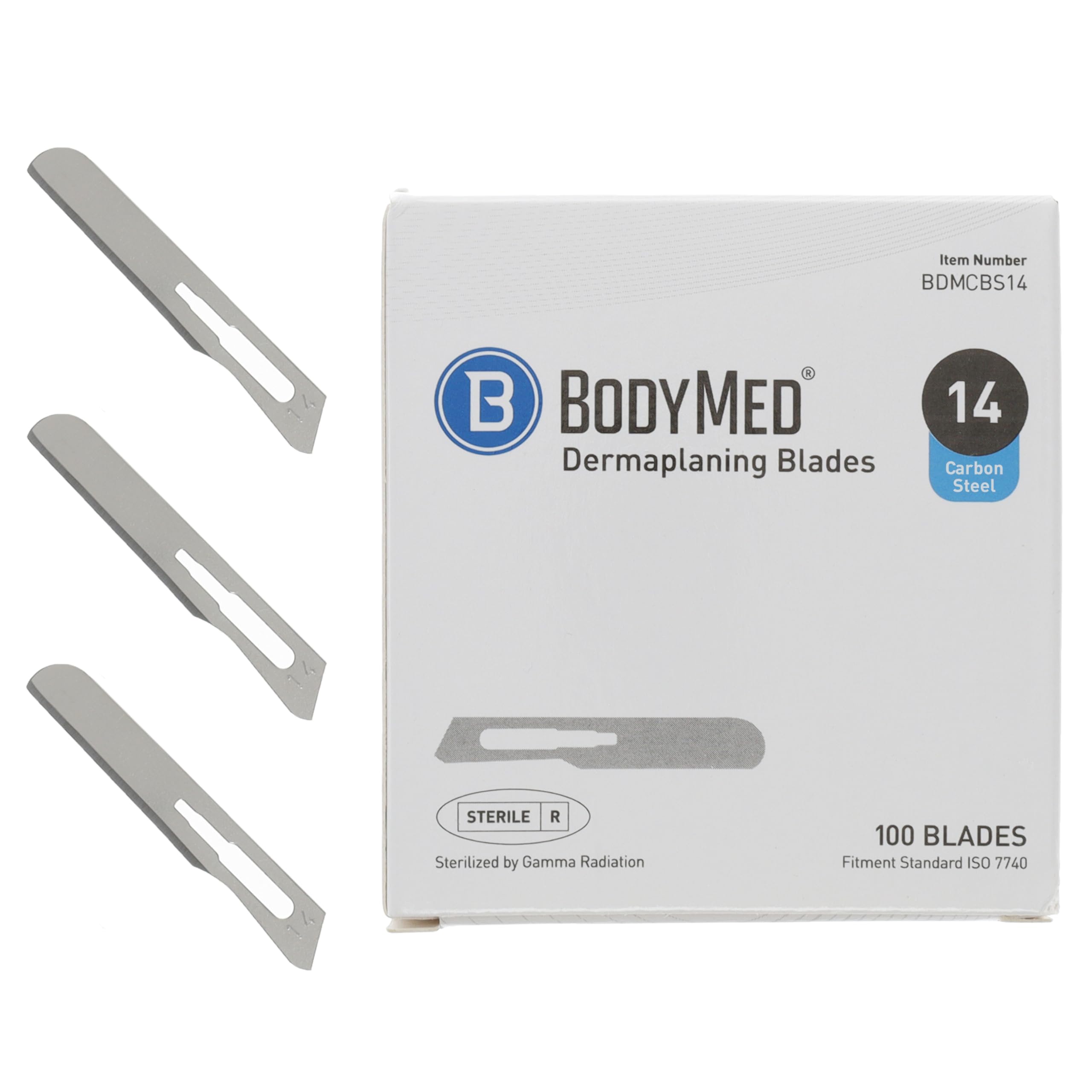 BodyMed Dermaplaning Blades #14 in Carbon Steel, 100 PCS - Disposable, Individually wrapped, Sterile Scalpel Blades for Estheticians, Facial Exfoliation, Hair Removal, Skin Care, Surgical & Podiatry