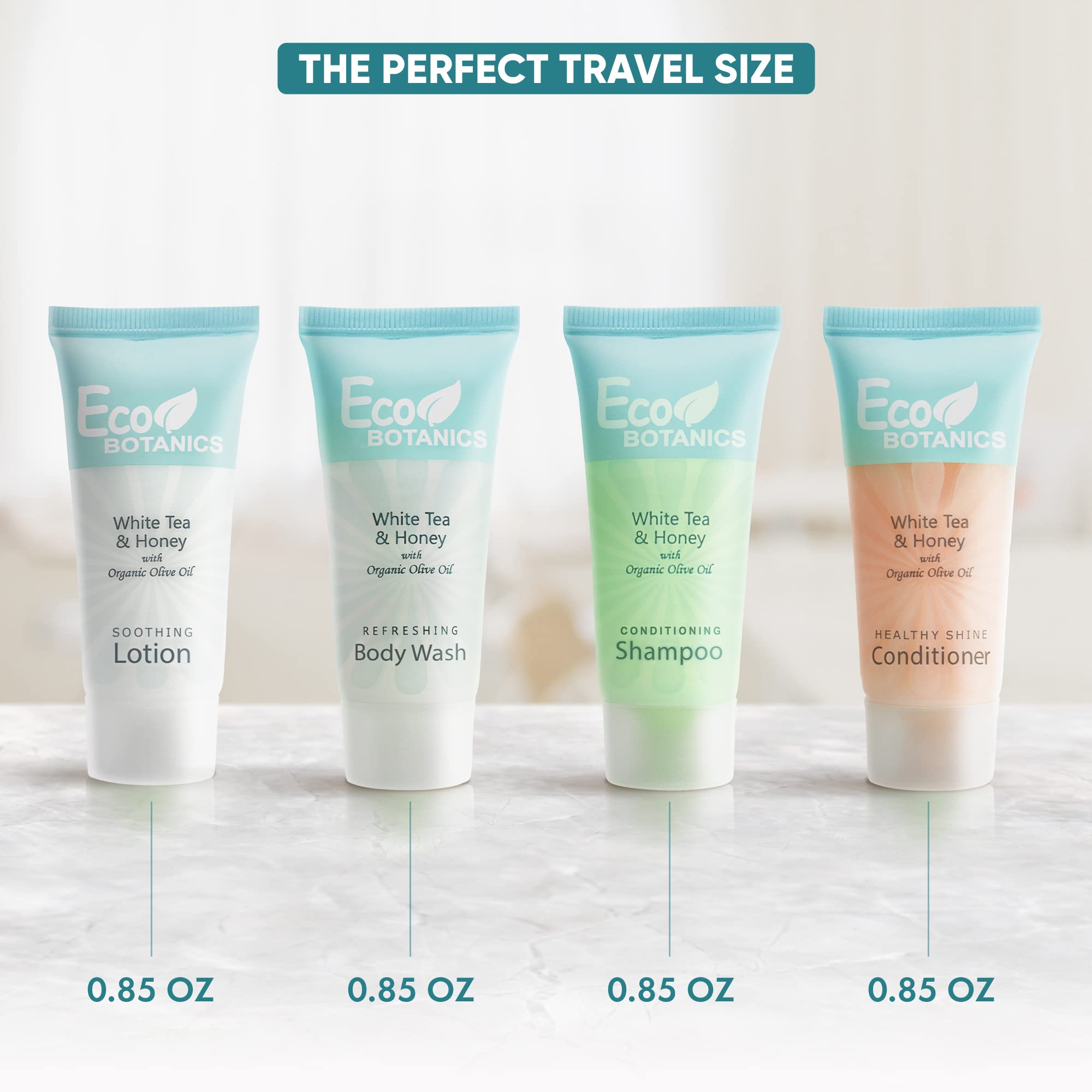 Travel Size Hotel Toiletry Set 80 Count 0.85 oz Bottles Guest Amenities for Vacation Rentals and Short Term Rentals Paraben Free White Tea Scent Infused with Aloe and Olive Oil by Eco Botanics