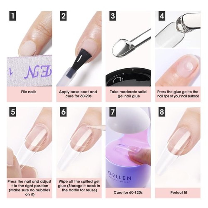 Gellen Solid Nail Glue Gel Kit - 8g Gel and 8w Mini UV Light LED Lamp for Cured Nails, Press on Glue for Acrylic Fake Tips, Salon Art DIY at Home