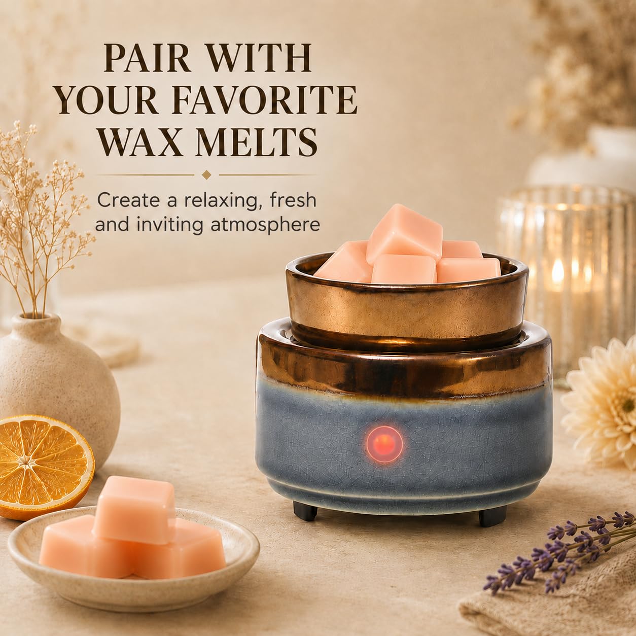 Ceramic Wax Melt Warmer, Electric Wax Warmer for Scented Wax Cubes, Flameless Fragrance Warmer with Removable Dish & Indicator Light, Compact Tabletop Home Decor for Bedroom Living Room Office Gift